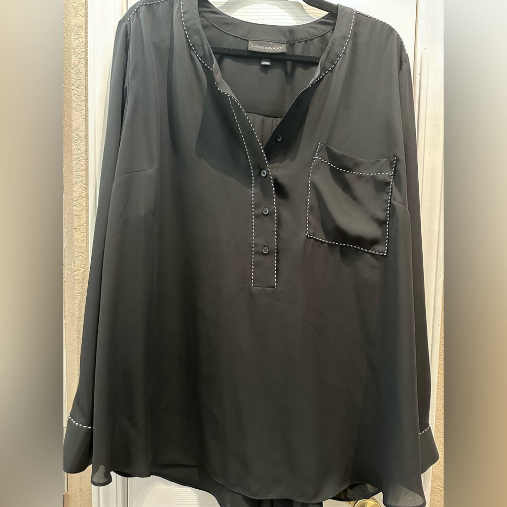 Lane Bryant Black half Button-Up Blouse with White Stitching